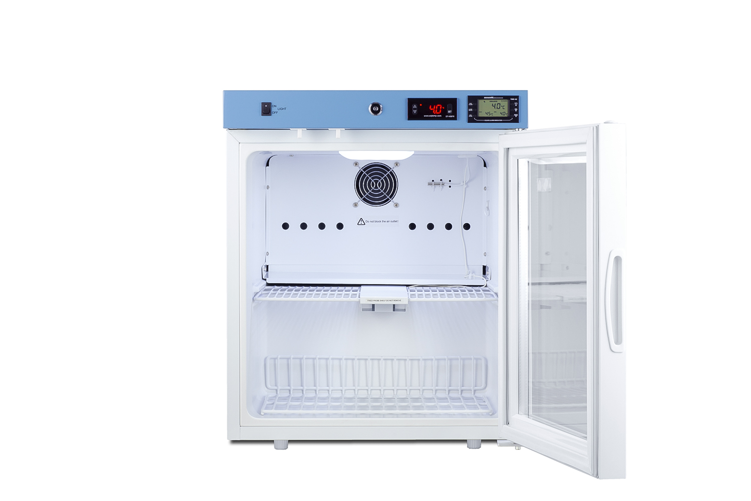 Compact healthcare all-refrigerator certified to NSF/ANSI 456 with self-closing glass door, front lock, digital controls, and NIST-calibrated temperature readout